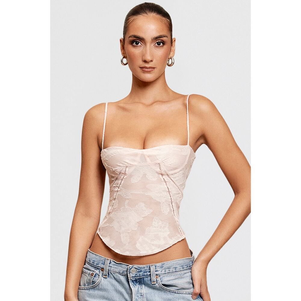 House of CB Lisette Pink Floral Soft Mesh Lace Camisole Top Size Large